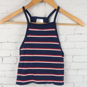 H&M BASIC BLUE WITH WHITE & RED STRIPE HIGH NECK SLEEVELESS CROP TOP SIZE XS